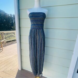 Urban Outfitters Strapless Smocked Jumpsuit in Blue Multi-Stripe